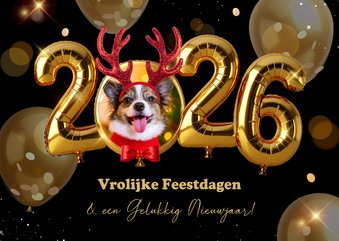 Kerstkaart met gouden heliumballonnen, eigen foto en props