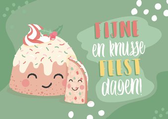 Kerstkaart met illustratie van kerstbrood met gezichtjes