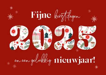 Kerstkaart met jaartal vrolijke illustraties en sterren rood