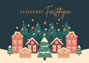 Kerstkaart met kerstdorp en versierde kerstboom