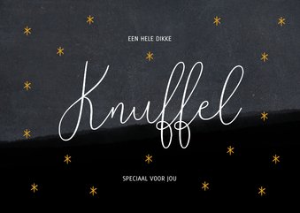 Kerstkaart met knuffel en gouden sterren