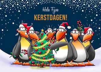 Kerstkaart met pinguïns, die je hele fijne feestdagen wensen