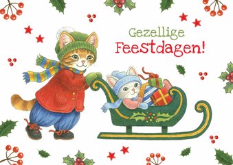 Kerstkaart Molly duwt de kerstslee