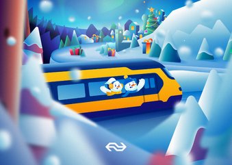 Kerstkaart NS Wintercity sneeuwpoppen in de trein rechthoek
