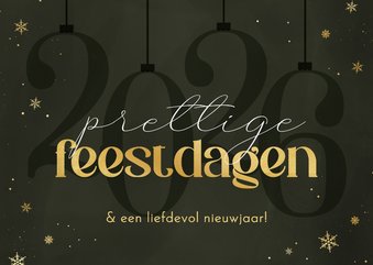 Kerstkaart stijlvol 2026 sneeuwvlokjes feestdagen goud