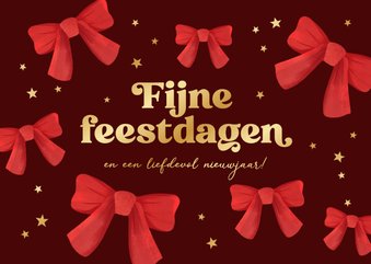 Kerstkaart stijlvol fijne feestdagen sterren strikjes goud