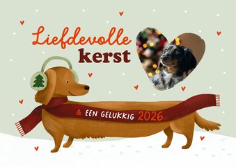 Kerstkaart teckel hartjes sjaal sneeuw met foto