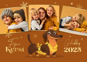 Kerstkaart teckel hond fotocollage kerstlampjes sneeuw goud