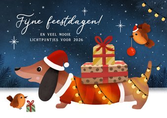 Kerstkaart teckel met lampjes, sneeuw en roodborstje