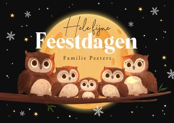 Kerstkaart uiltjes bosdieren familie maan sterren feestdagen