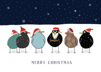 Kerstkaart vogels met kerstmuts en baard in de sneeuw