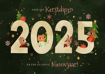 Kerstkaart vrolijke diertjes met cadeaus 2025 donkergroen 