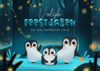 Kerstkaart vrolijke feestdagen pinguïns kinderen winter