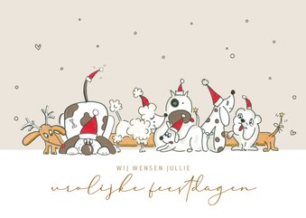 Kerstkaart vrolijke honden bende met kerstmutsen