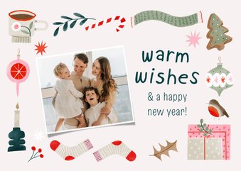 Kerstkaart warm wishes foto en vrolijke kerst illustraties