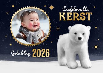 Kerstkaart winter ijsbeer foto sterren goud fijne kerst 2026