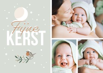 Kerstkaartje fotocollage maan roodborstje en vlokjes