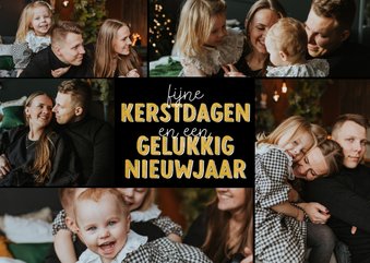 Kerstkaartje fotocollage met zes foto's en gouden tekst