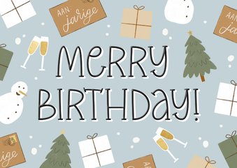 Kerstkaartje Merry Birthday met illustraties