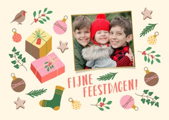 Kerstkaartje met foto en vrolijke kerstillustraties