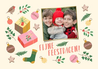 Kerstkaartje met foto en vrolijke kerstillustraties