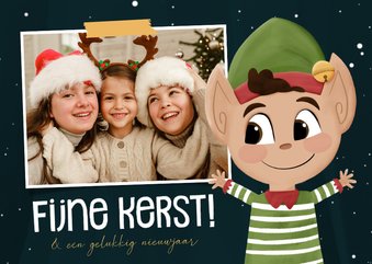 Kerstkaartje met illustratie kerstelfje en foto fijne kerst