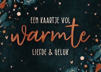 Kerstkaartje vol warmte met hartjes takjes en besjes