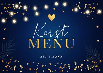 Kerstmenukaart blauw lampjes goudlook