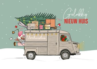 Kerstverhuiskaart HY bus met kerstboom en verhuisspullen