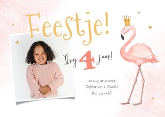 Kinderfeestje meisje flamingo foto hartjes goud kroontje