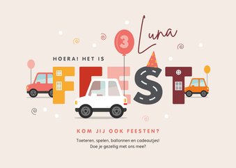 Kinderfeestje uitnodiging auto stoet feest confetti