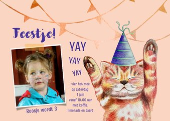 Kinderfeestje uitnodiging met juichende kat