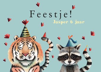 Kinderfeestje uitnodiging met tijger en wasbeer