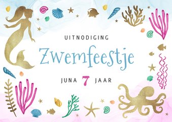 Kinderfeestje uitnodiging zwemfeestje zeemeermin goud water