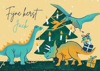 Kinderkerstkaart dino's versieren boom