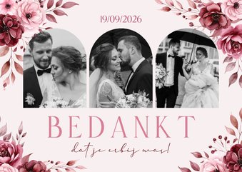 Klassieke bedankkaart met foto's in roze met aquarel rozen