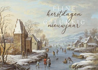 Klassieke kerstkaart schilderij wintergezicht met ijsvermaak