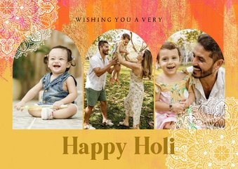 Kleurrijke Holi kaart verfstrepen collage goud mandala