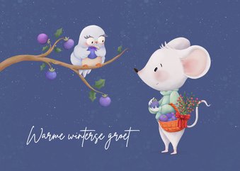 Knusse winterkaart met muis en uil