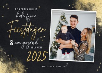Krijtbordlook fotokaart fijne feestdagen 2026 gouden sterren