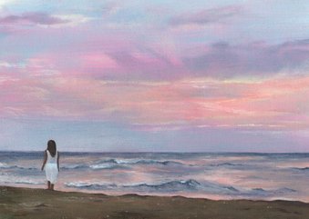 Kunstkaart olieverfschilderij vrouw aan zee