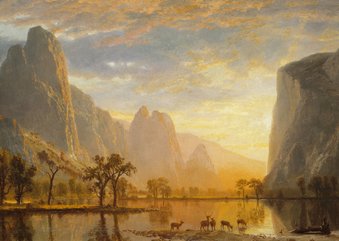 Kunstkaart van Albert Bierstadt. Vallei bij zonsondergang