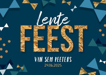 Lentefeest uitnodiging confetti strikjes goud.