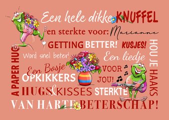 Leuke beterschapskaart met Opkikkers met gitaar en bloemen