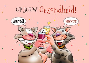 Leuke kaart met 2 poezen die iemand feliciteren met wijn