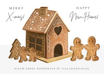 Leuke kerst verhuiskaart met peperkoekhuisje voor een gezin