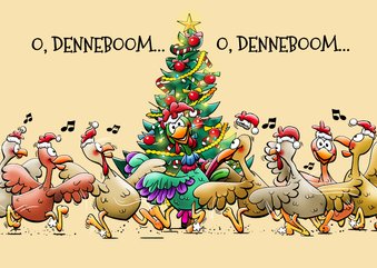 Leuke kerstkaart met 7 stapelgekke hennen en één haan