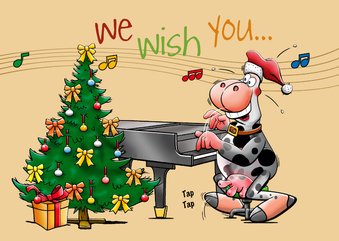 Leuke kerstkaart met een koe die op de piano speelt