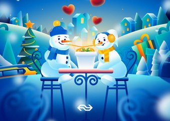 Leuke kerstkaart NS Wintercity sneeuwpopjes aan tafel