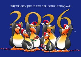 Leuke nieuwjaarskaart met pinguïns met jaartal 2026